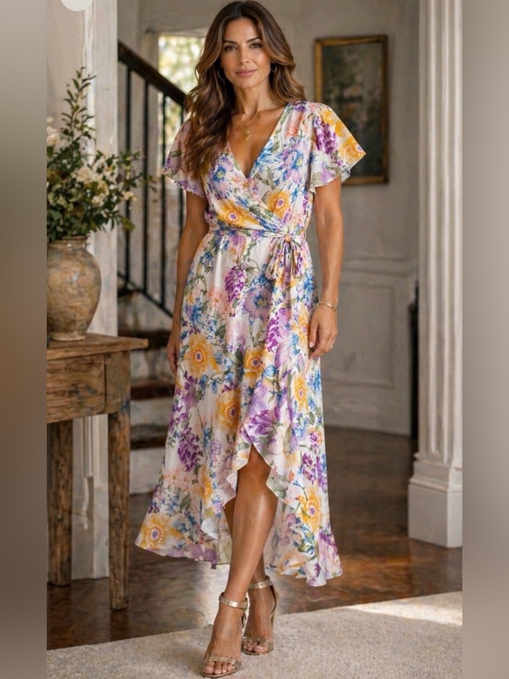 Nicole Miller Floral Wrap Maxi Dress with Belt - White Multi SizeM